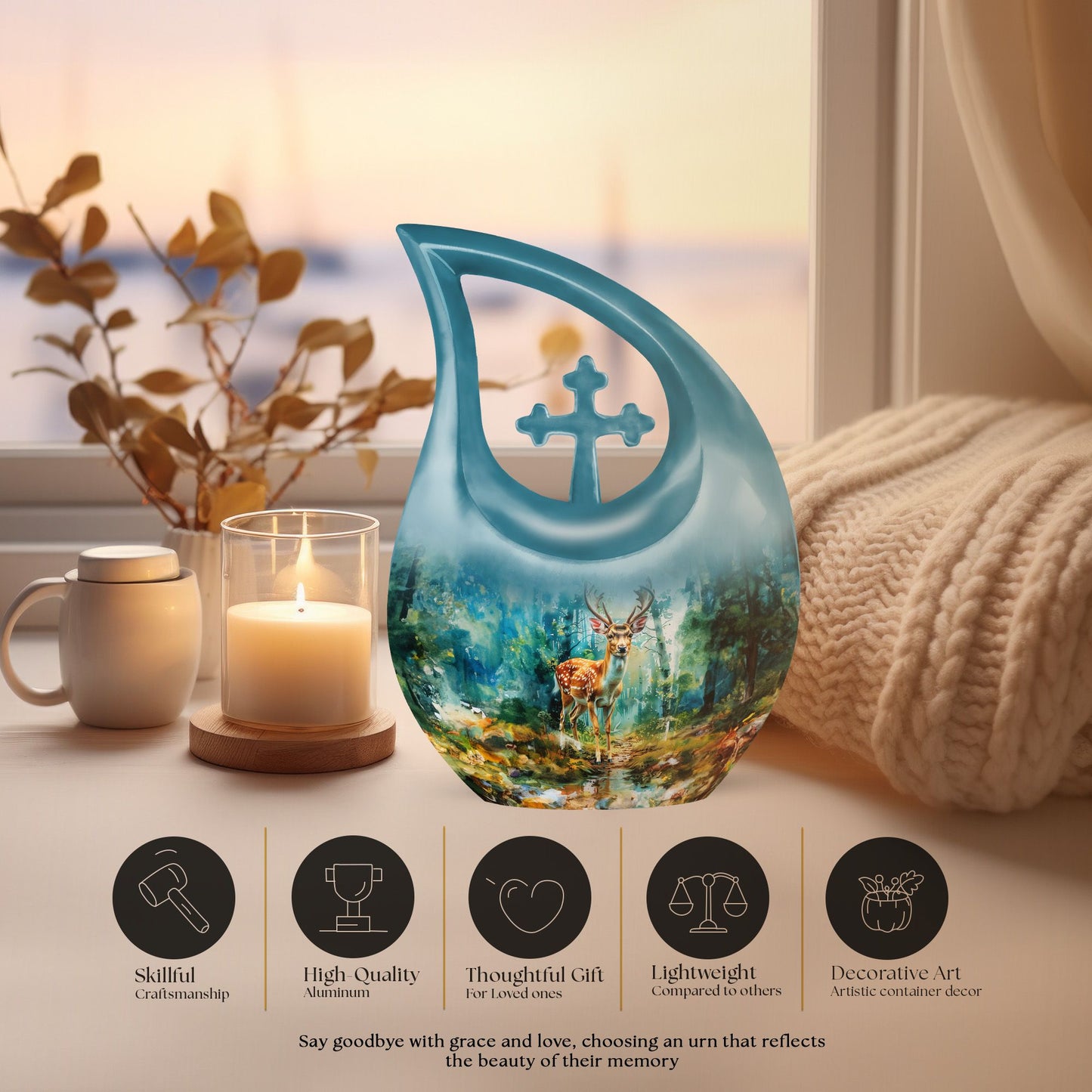 10-inch Deer themed Cross Drop Urn