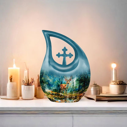 10-inch Deer themed Cross Drop Urn