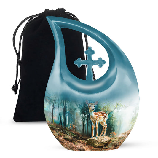 10-inch Deer Urn with Cross Drop design