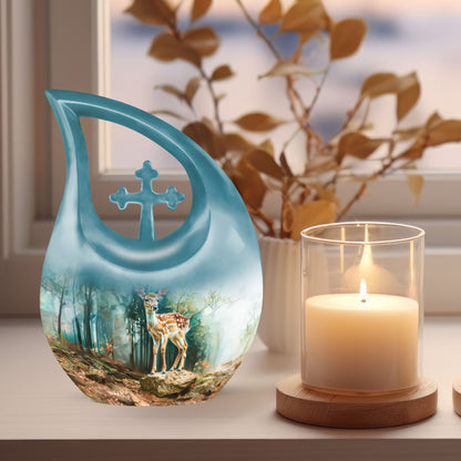 10-inch Deer Urn with Cross Drop design