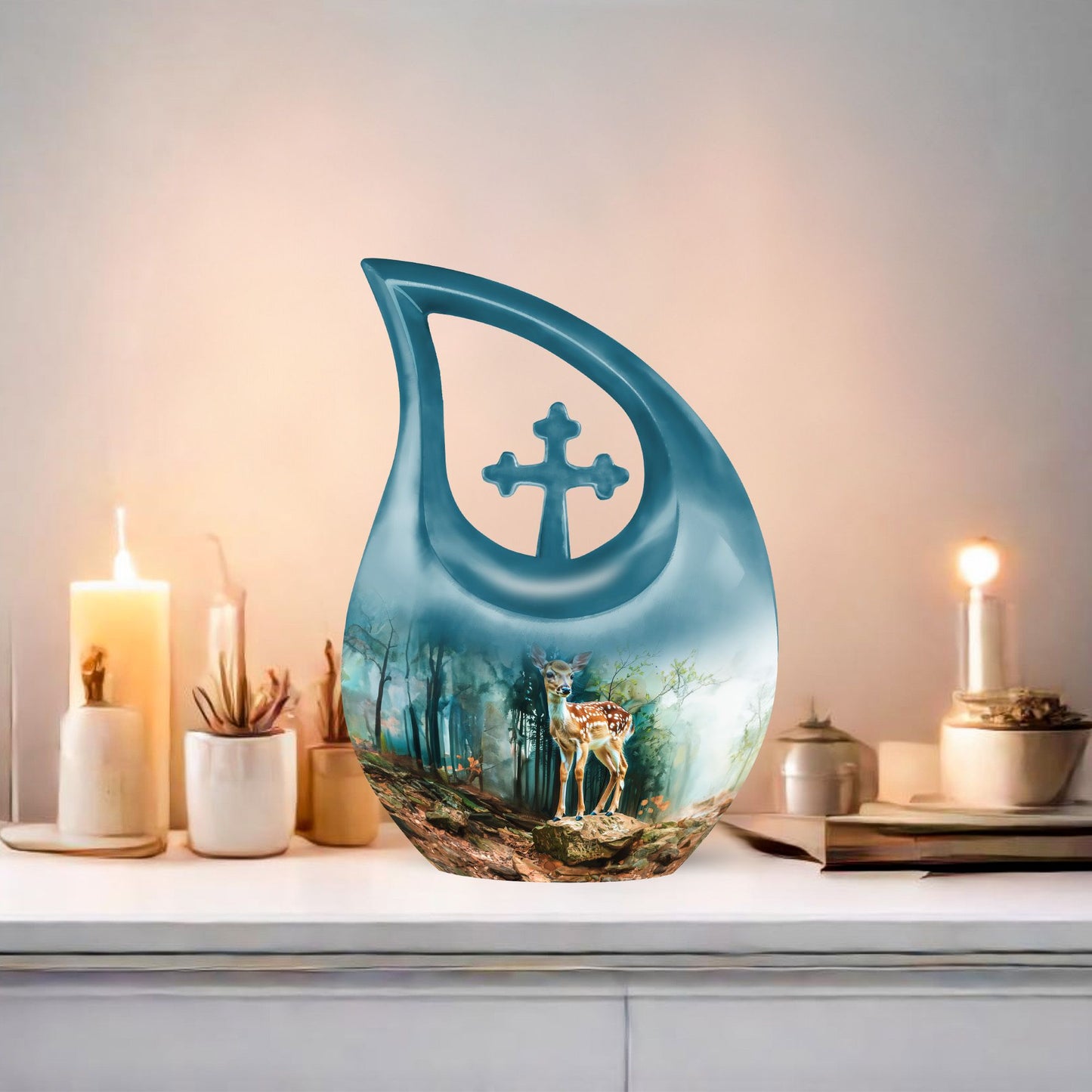 10-inch Deer Urn with Cross Drop design