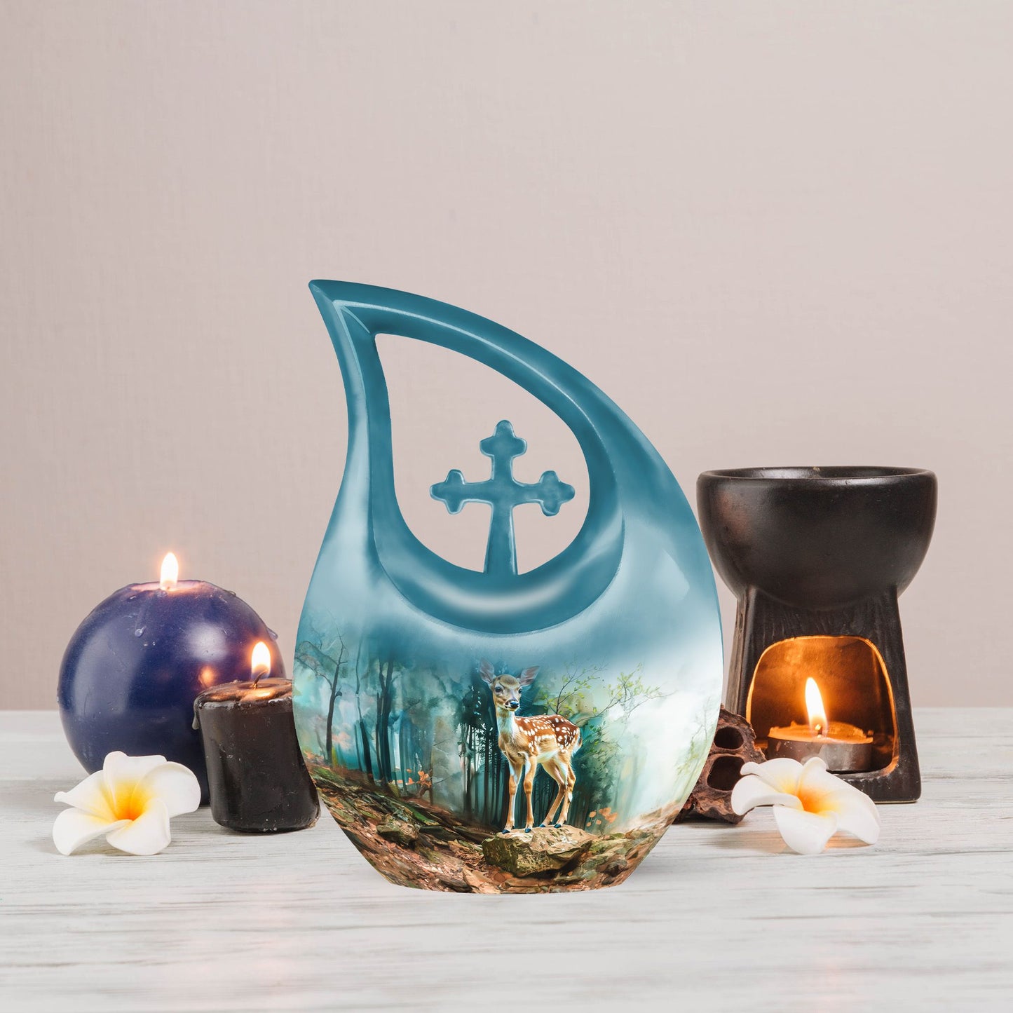 10-inch Deer Urn with Cross Drop design