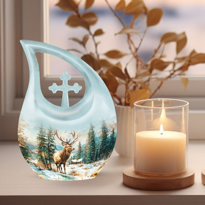 10-inch Deer Urn with Cross Drop design
