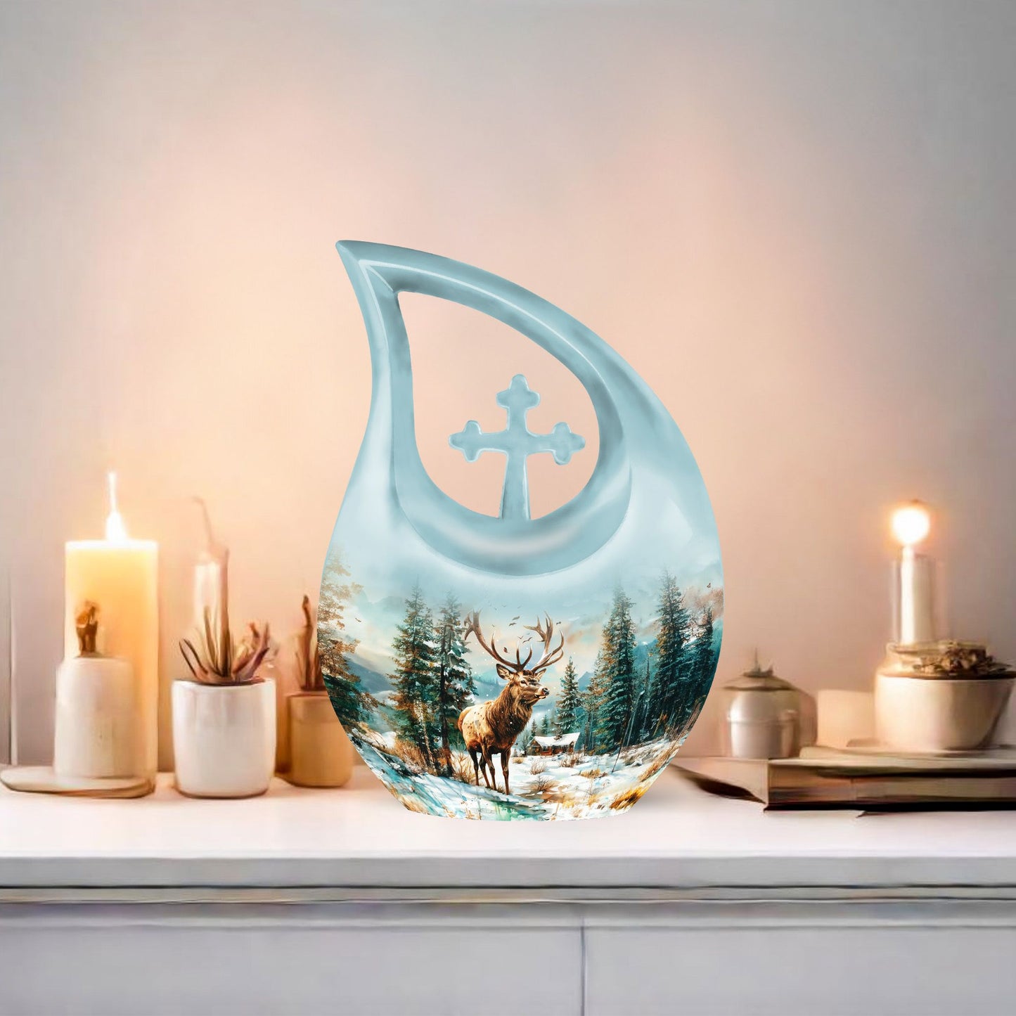 10-inch Deer Urn with Cross Drop design