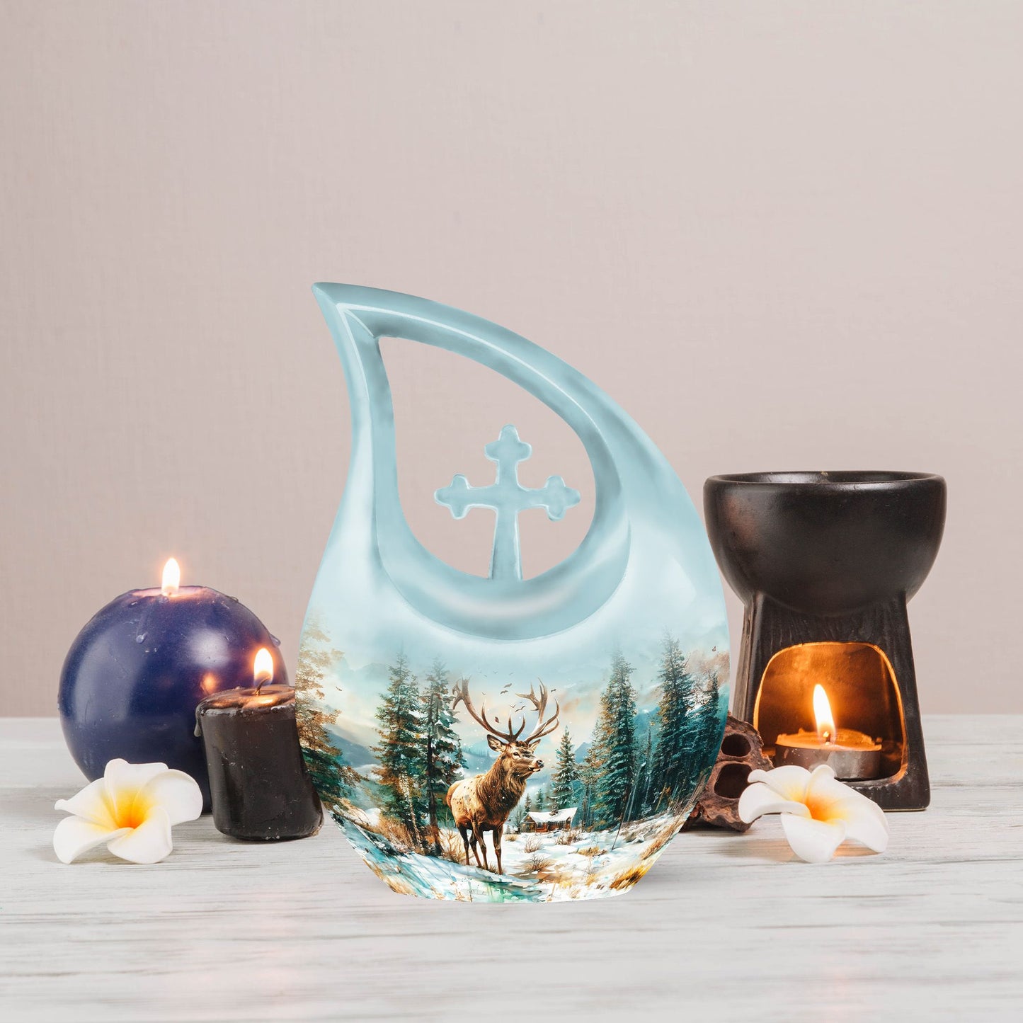 10-inch Deer Urn with Cross Drop design