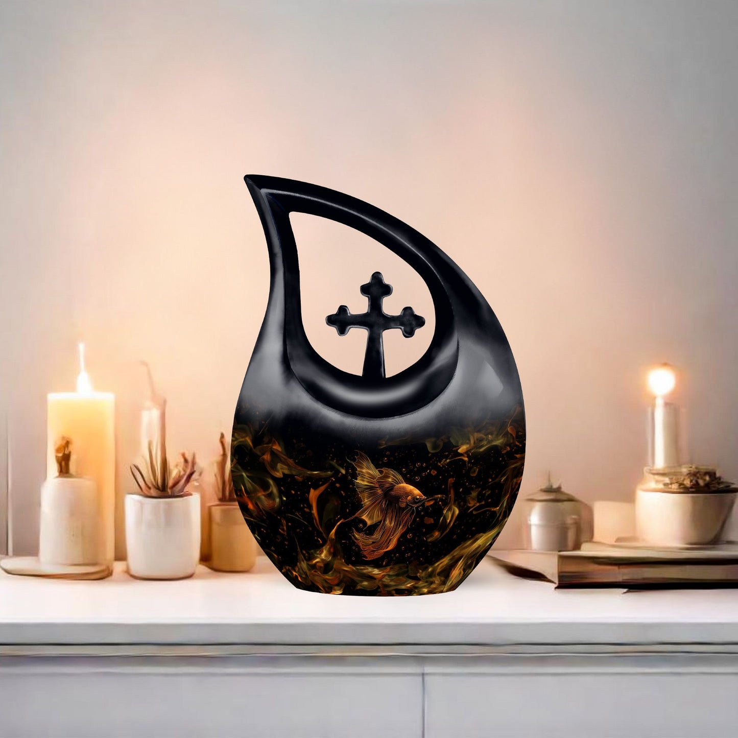 Affordable 10-inch Fish Urn with Cross Drop design