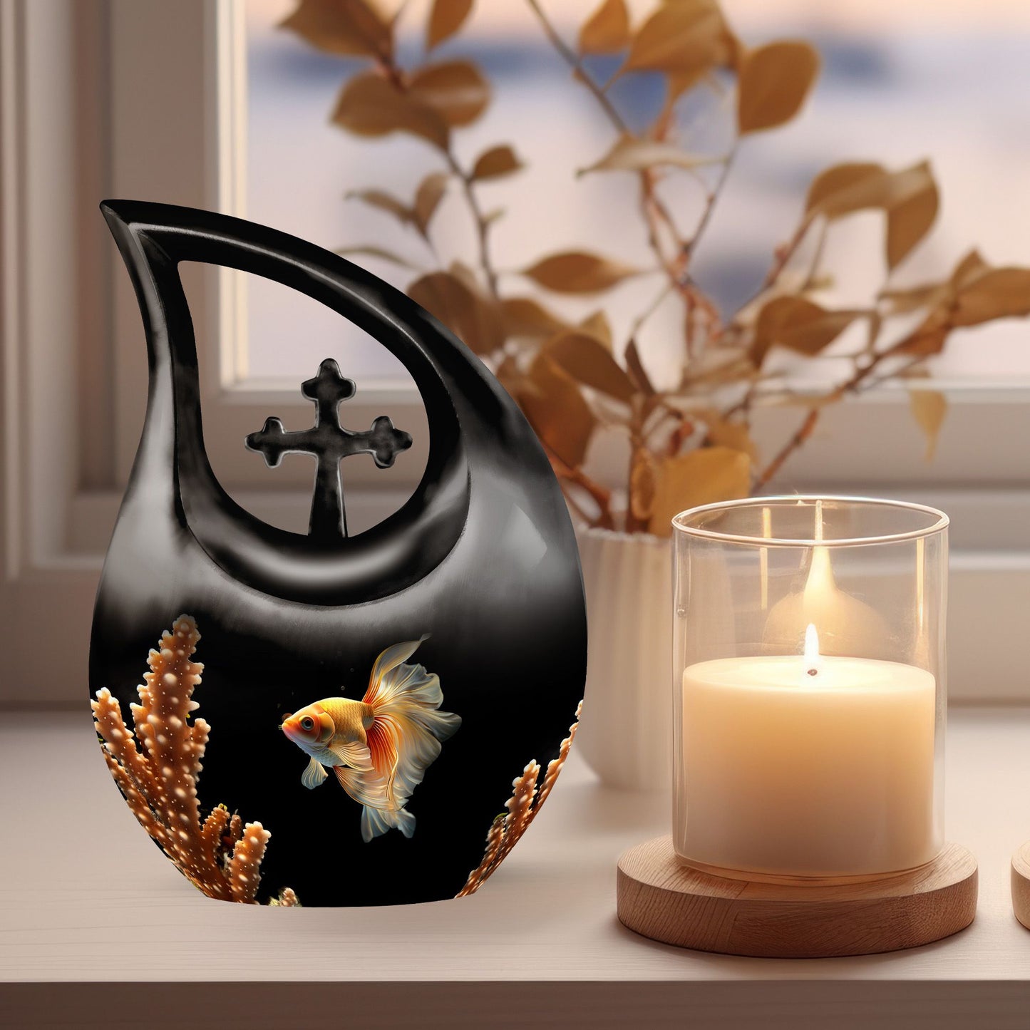 Fish Themed Cross Drop Large Urn for Human Ashes