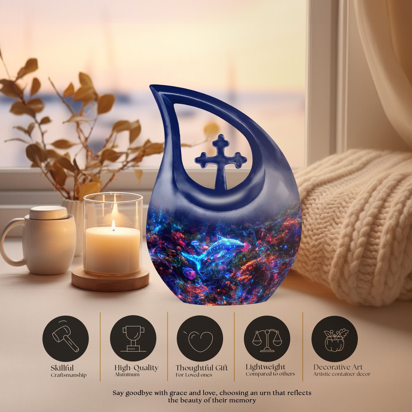 10-inch fish theme cross drop urn for human remains