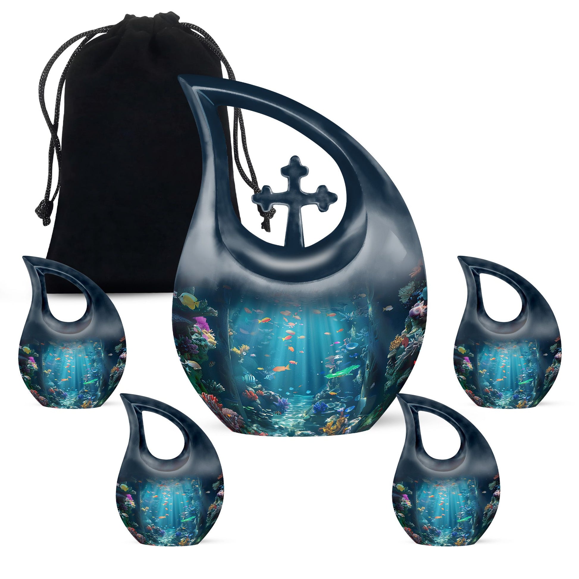 Fish Theme Large Urn With 4 Keepsake Urn