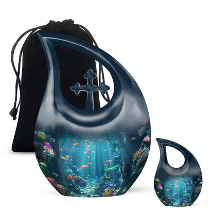 Fish Theme Large Urn With 1 Keepsake Urn