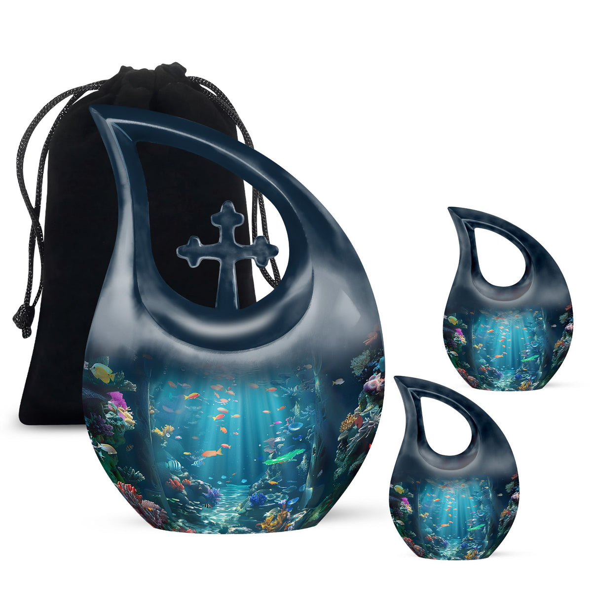 Fish Theme Large Urn With 2 Keepsake Urn