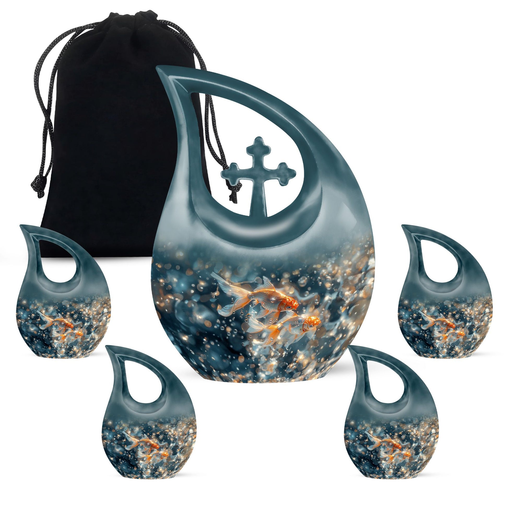 Fish Theme Large Urn With 4 Keepsake Urn