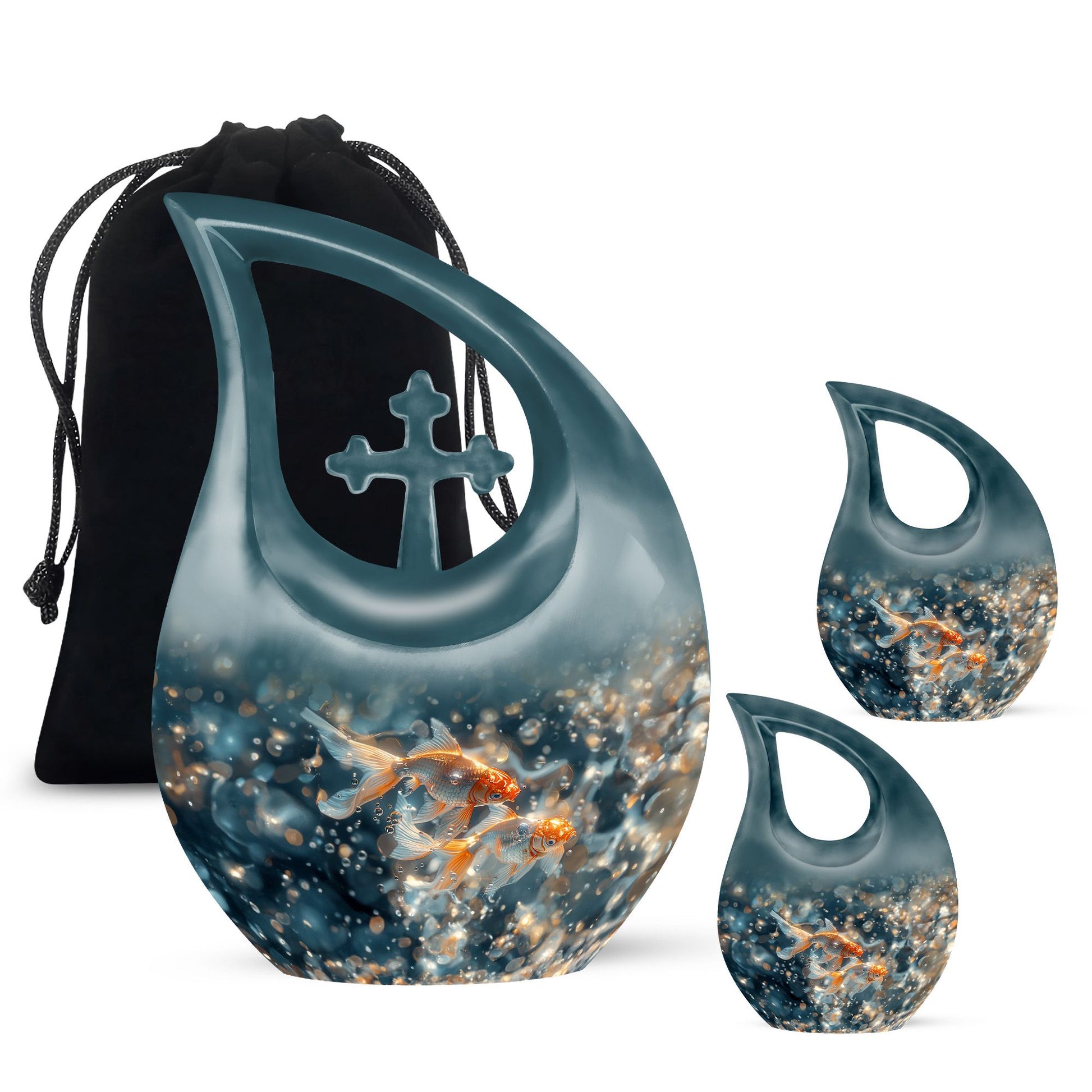 Fish Theme Large Urn With 2 Keepsake Urn