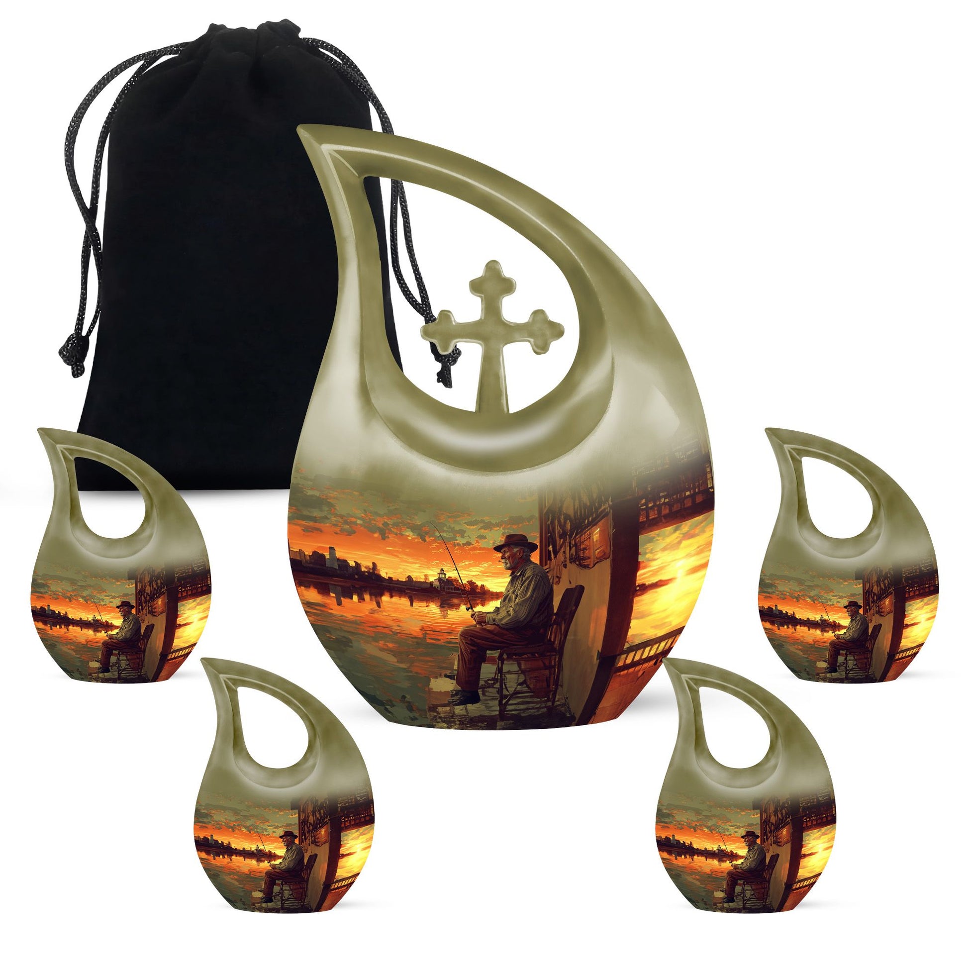 Fishing Theme Large Urn With 4 Keepsake Urn