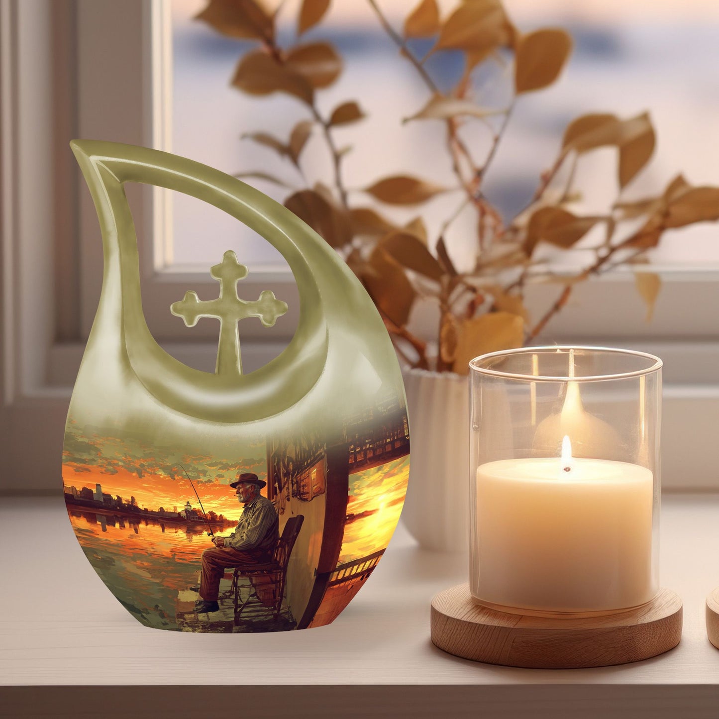 10-inch fishing themed Cross Drop urn