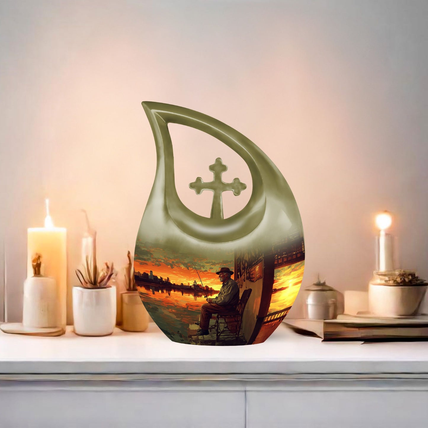 10-inch fishing themed Cross Drop urn