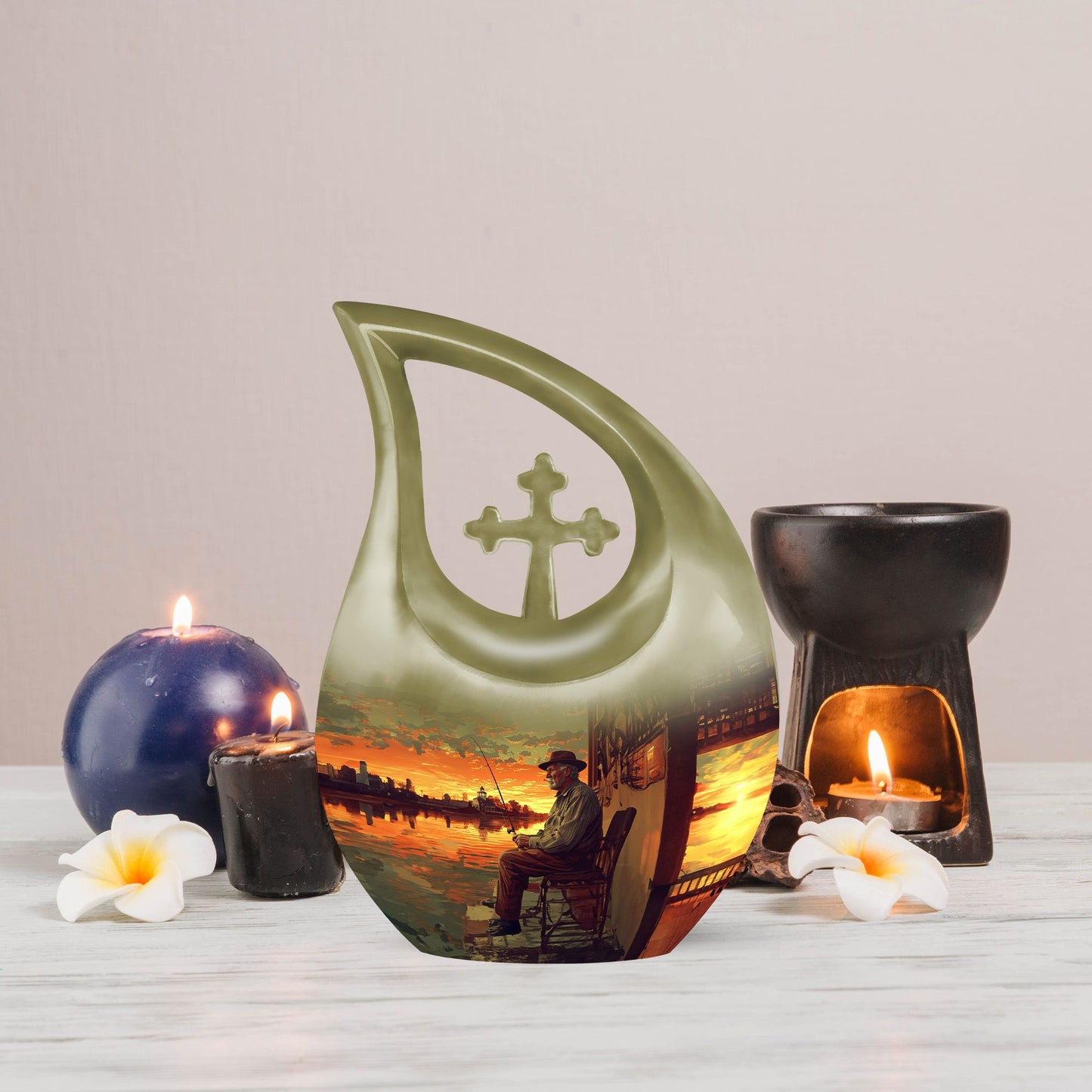 10-inch fishing themed Cross Drop urn