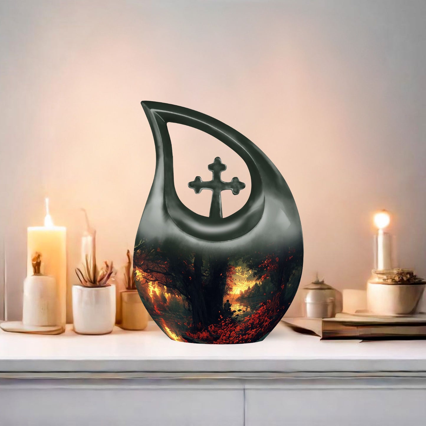 10-inch Fishing Themed Cross Drop Double Urn