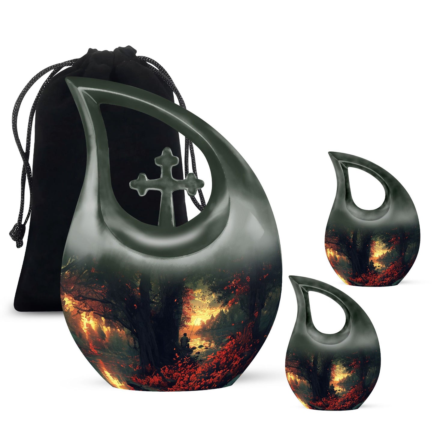 Fishing Theme Large Urn With 2 Keepsake Urn