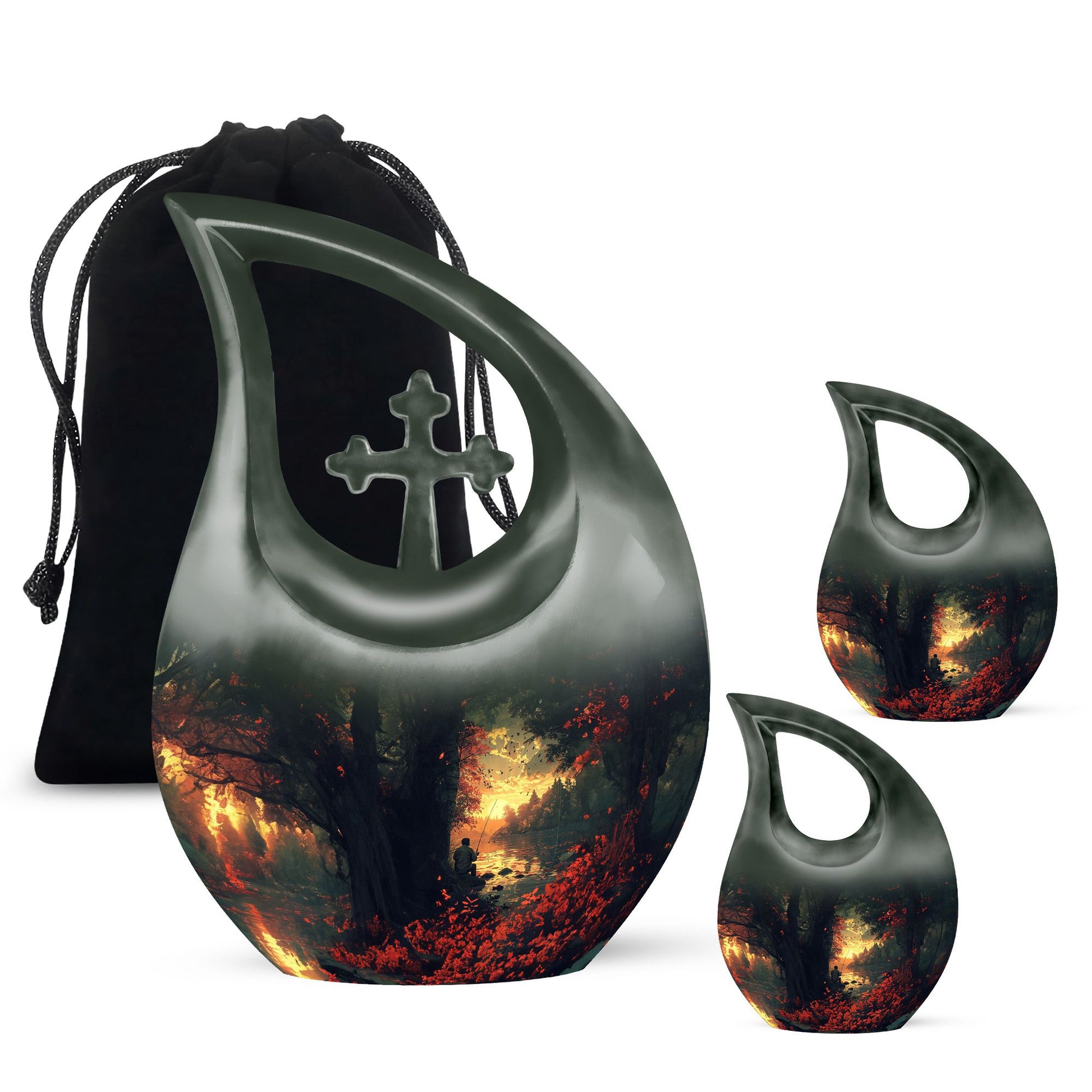 Fishing Theme Large Urn With 2 Keepsake Urn