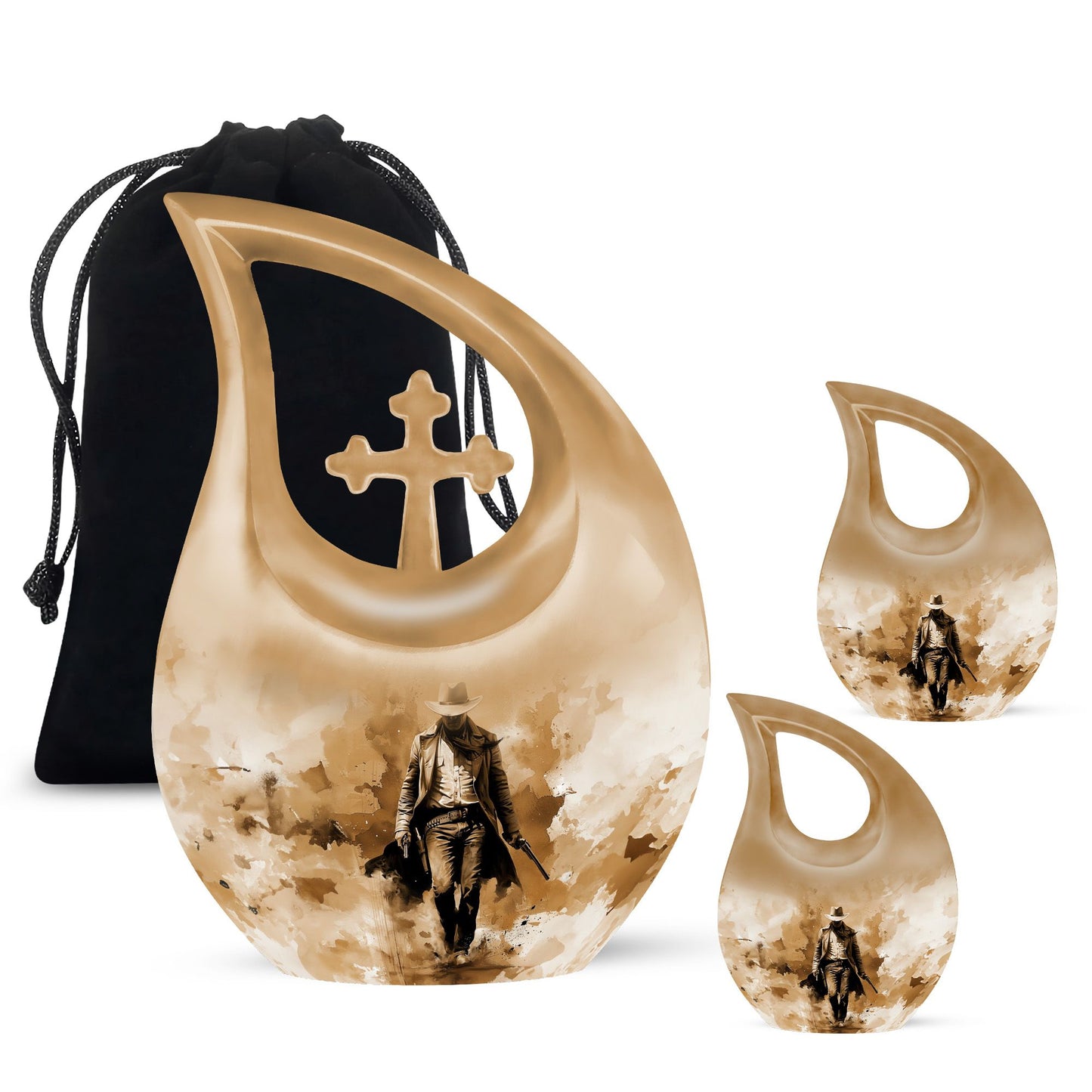 Cowboy Theme Large Urn With 2 Keepsake Urn