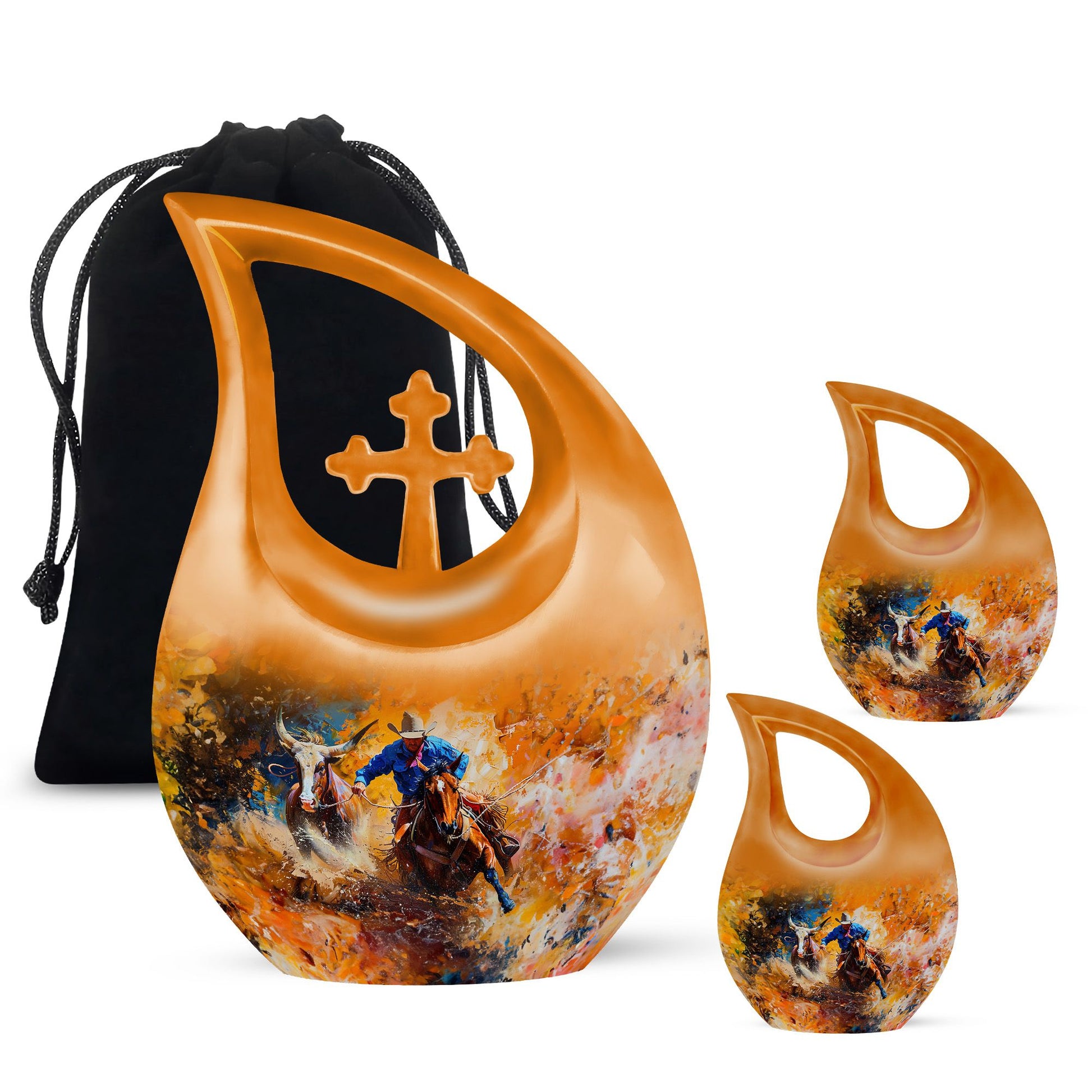 Cowboy Theme Large Urn With 2 Keepsake Urn