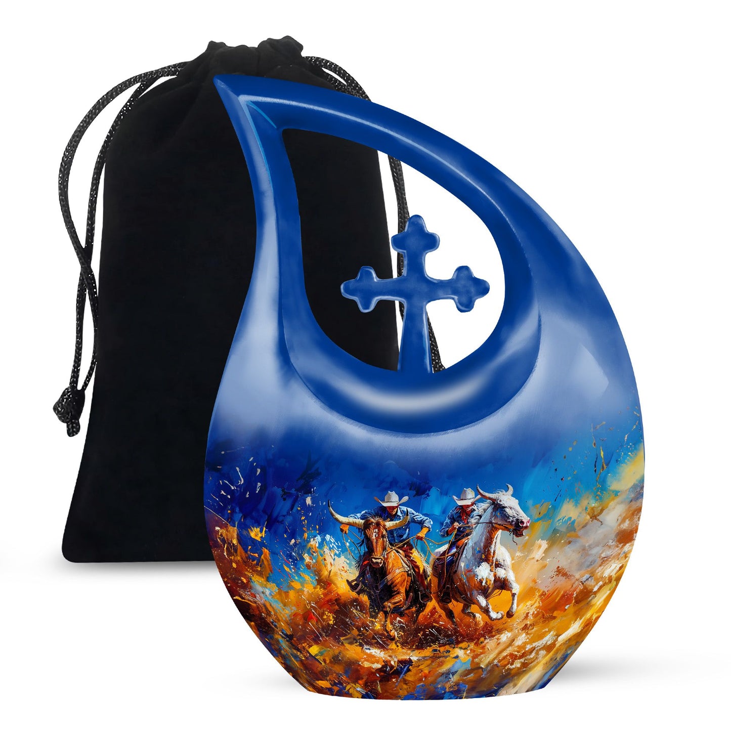 Blue Personalized Cowboy Cremation Urn for Human Ashes - 10-inch, 200 cu in - Yatskia