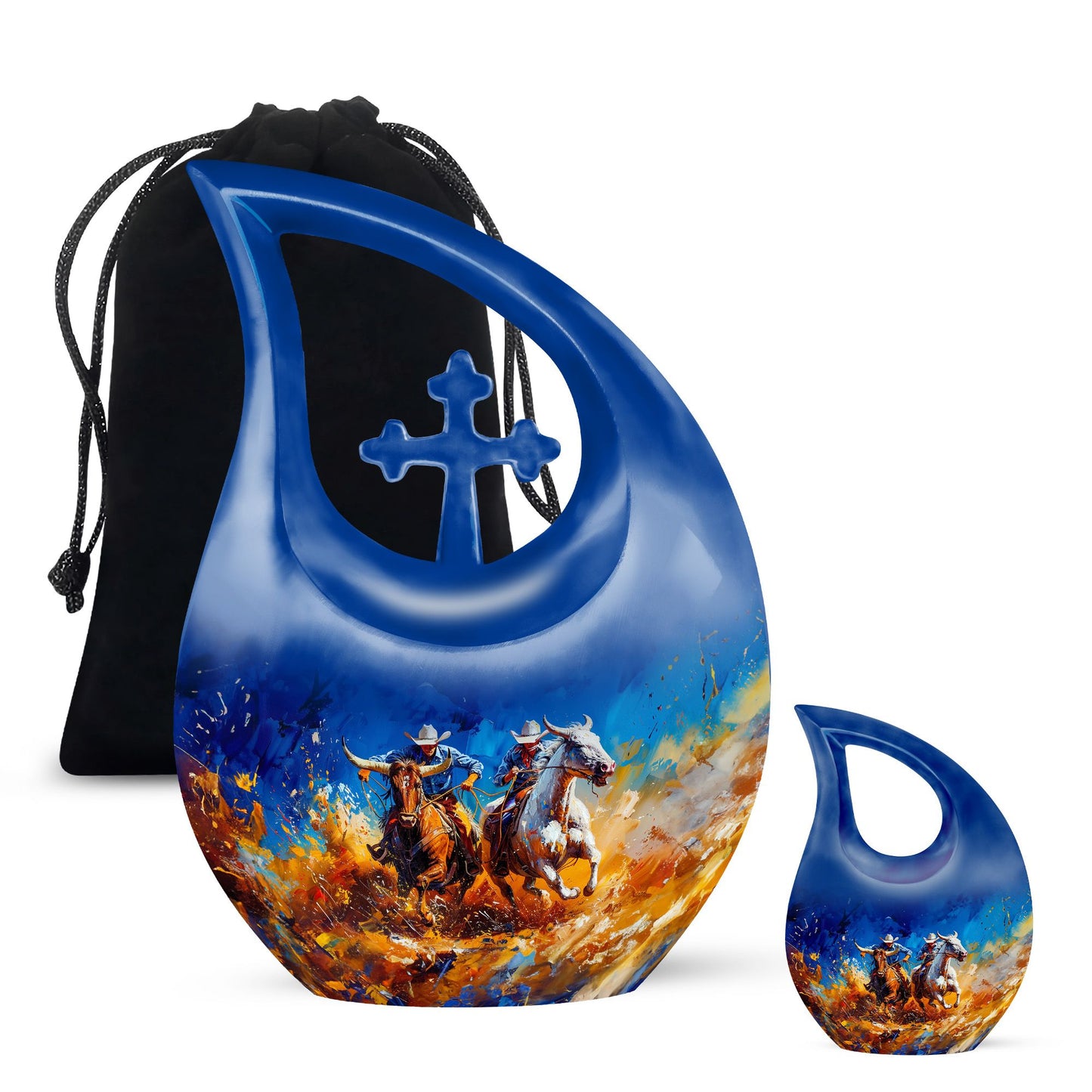 Blue Personalized Cowboy Cremation Urn for Human Ashes - 10-inch, 200 cu in - Yatskia