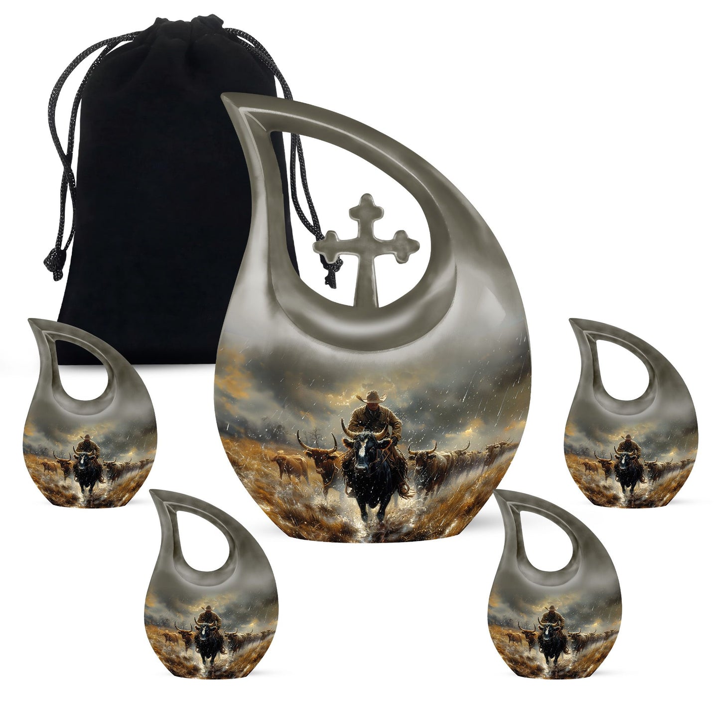 Cowboy Theme Large Urn With 4 Keepsake Urn