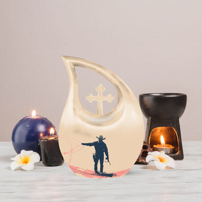 10 Inch Cowboy Urn with Cross Drop design, Large Memorial Urn made of Aluminium