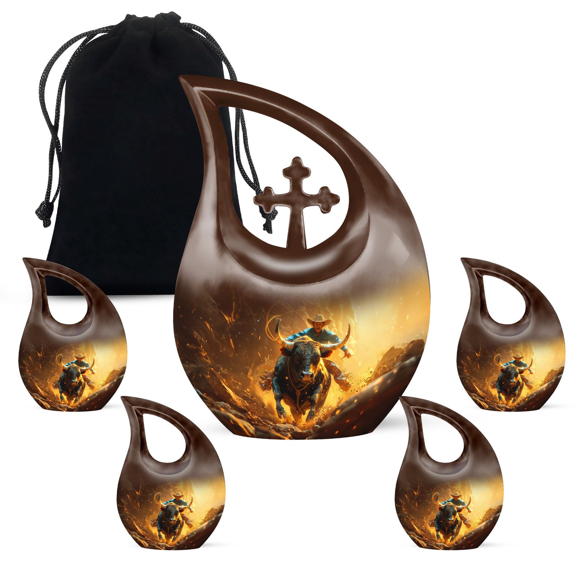 Cowboy Theme Large Urn With 4 Keepsake Urn