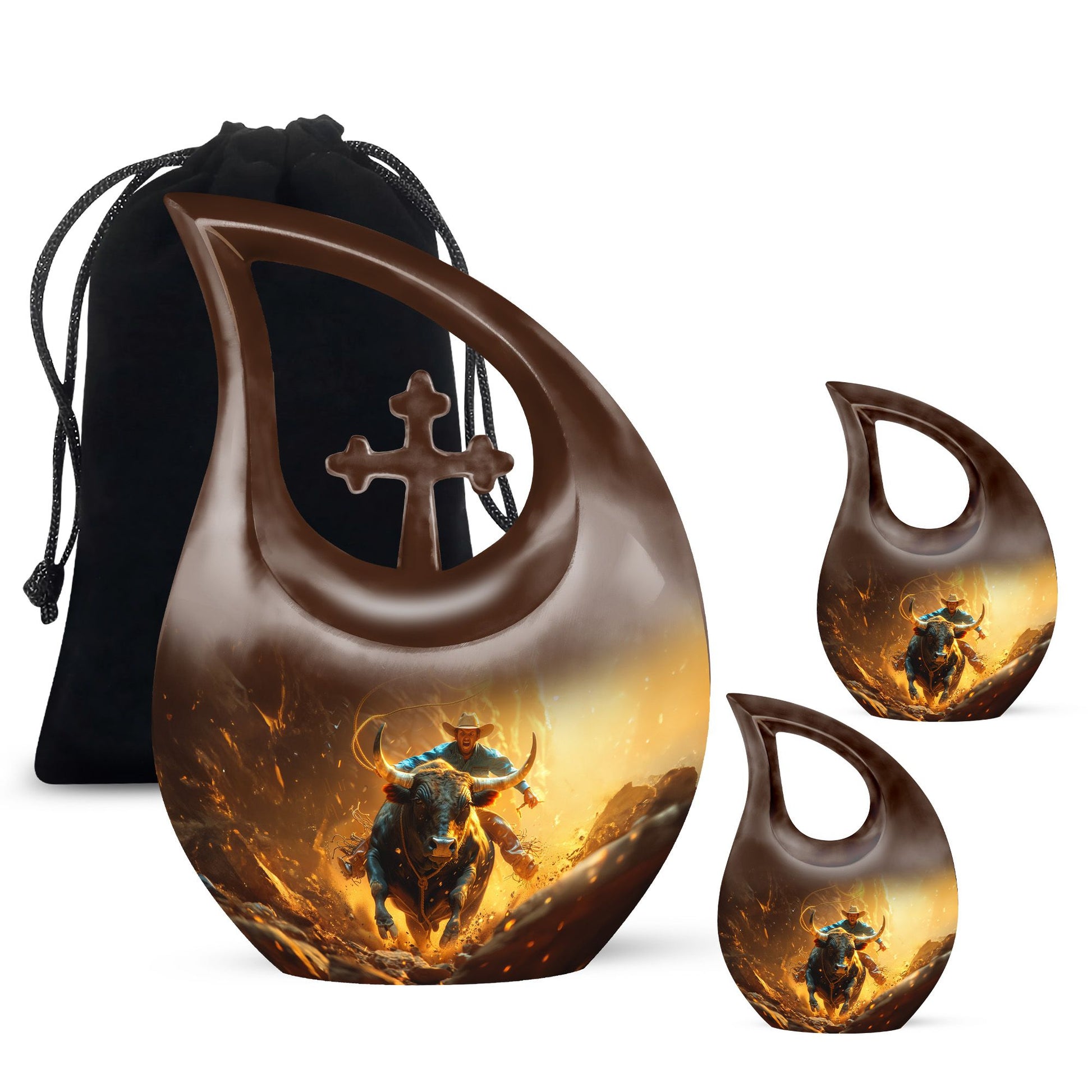 Cowboy Theme Large Urn With 2 Keepsake Urn