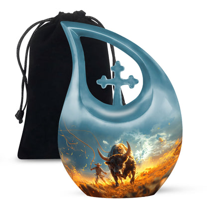 Blue Personalized Religious Keepsake Urn for Human Ashes - 10-inch, 200 cu in - Yatskia