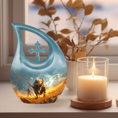 10-inch Cowboy Urn, Cross Drop design, with a velvet pouch for ashes