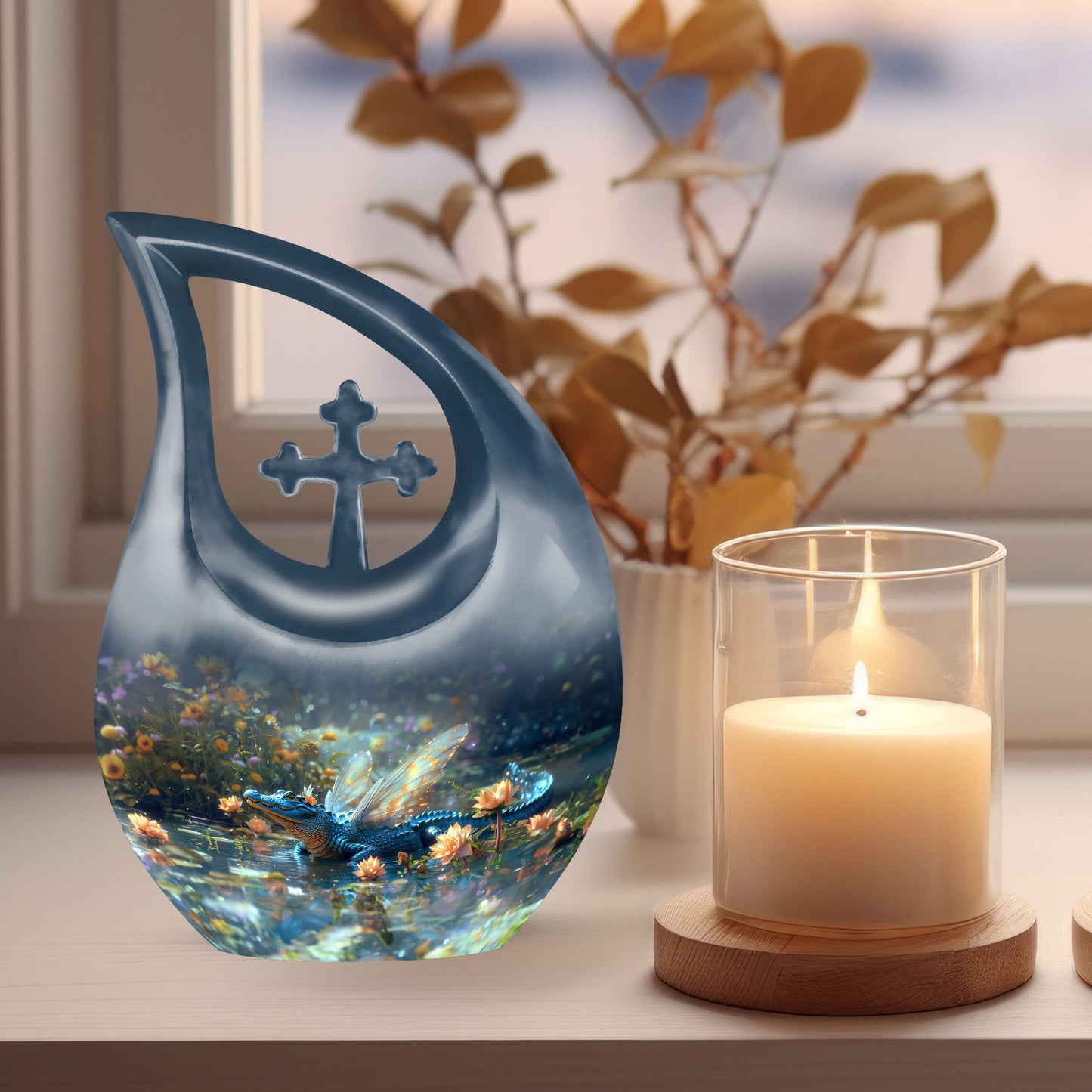 Alligator themed Cross Drop design urn