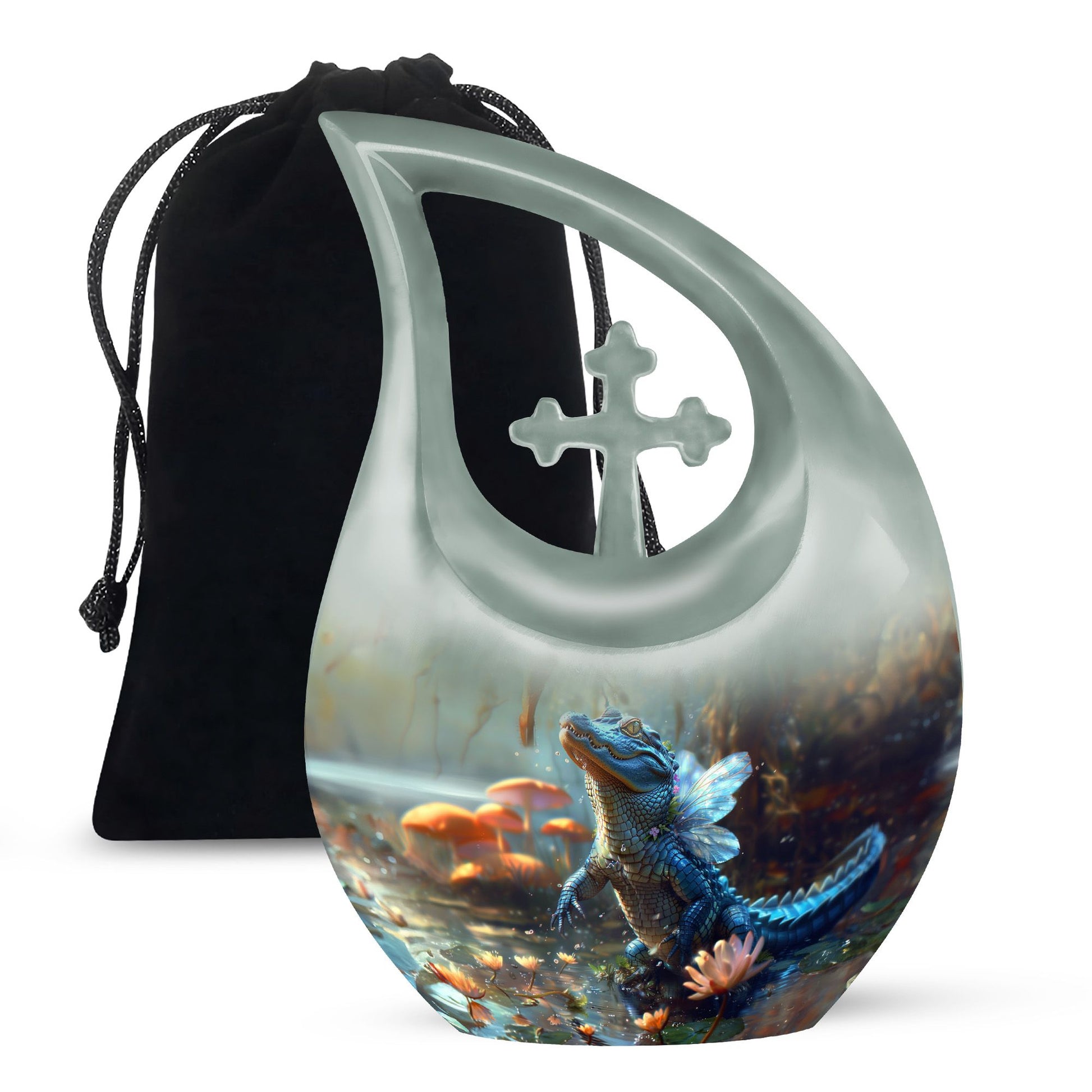 10-inch Alligator-themed Aluminium Cross Drop All Faith Funeral Urn with personalized engraving