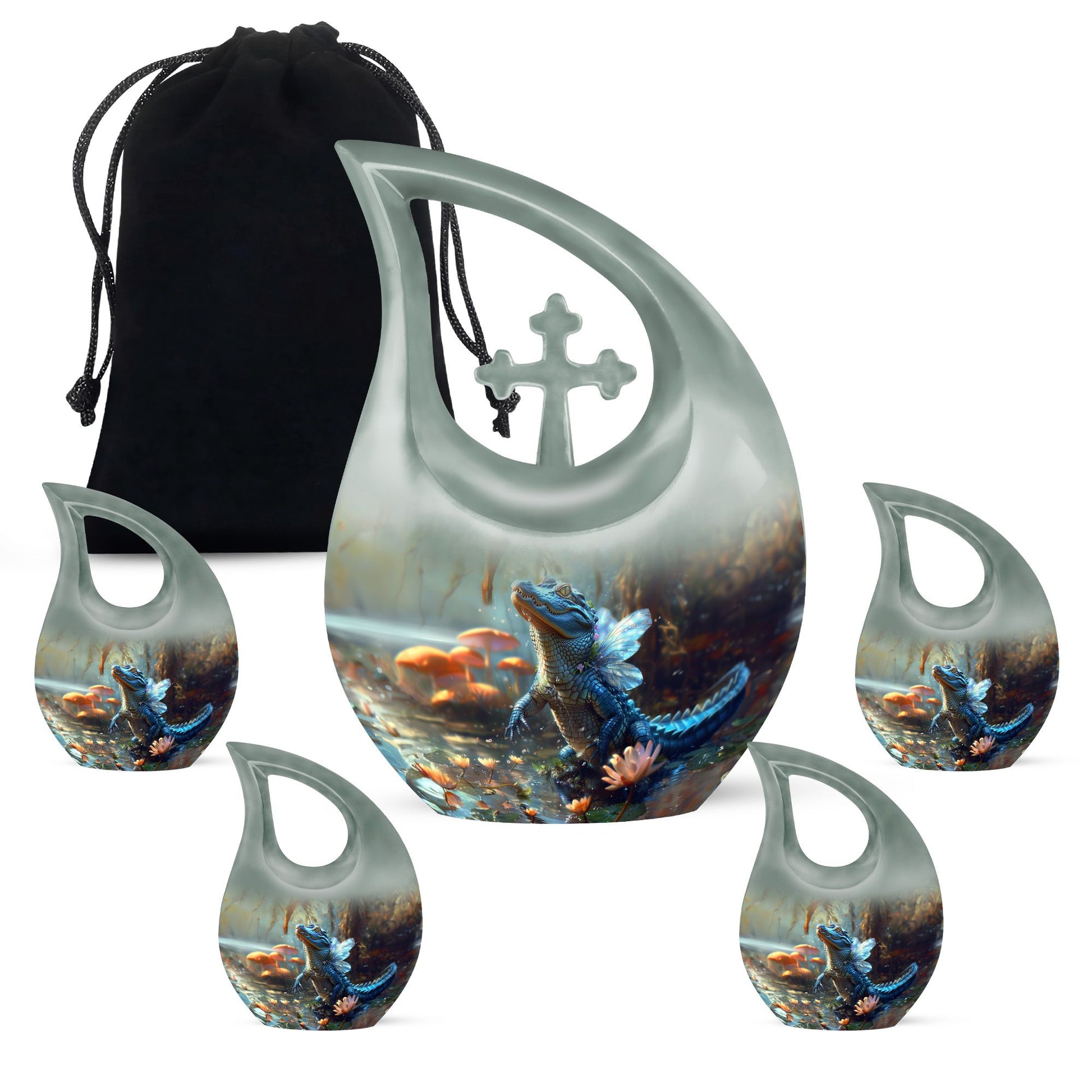 10-inch Alligator-themed Aluminium Cross Drop All Faith Funeral Urn with personalized engraving