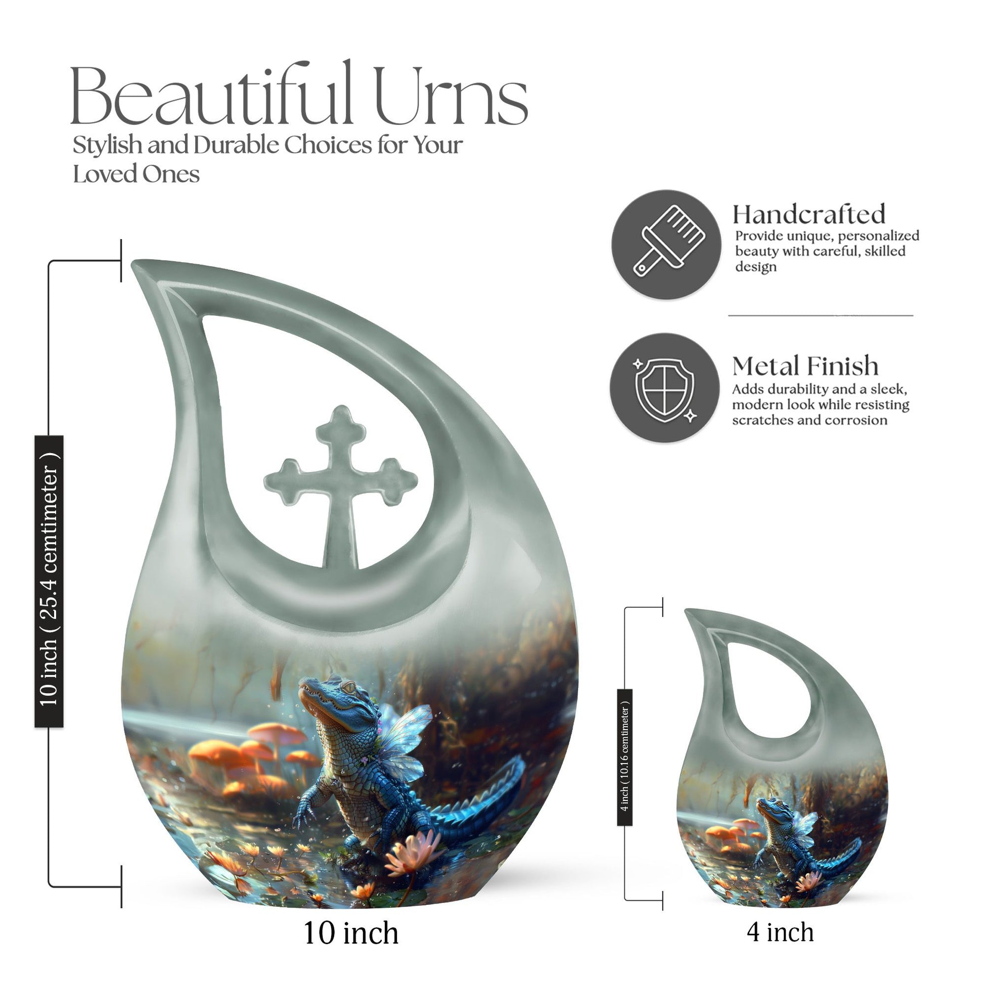 10-inch Alligator-themed Aluminium Cross Drop All Faith Funeral Urn with personalized engraving