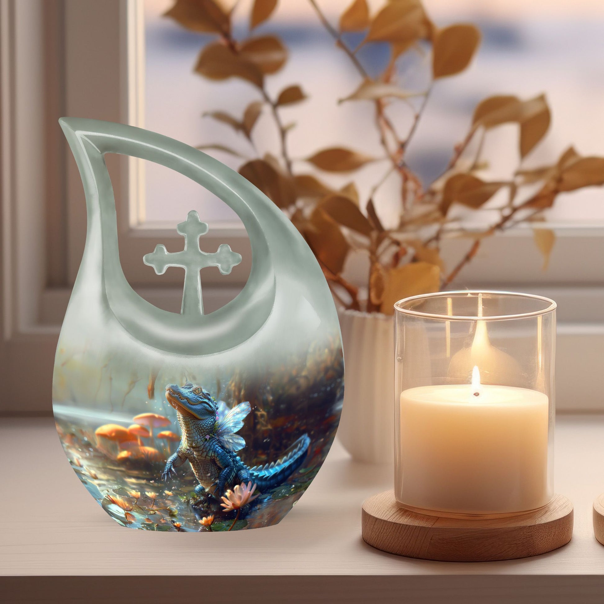 10-inch Alligator-themed Aluminium Cross Drop All Faith Funeral Urn with personalized engraving