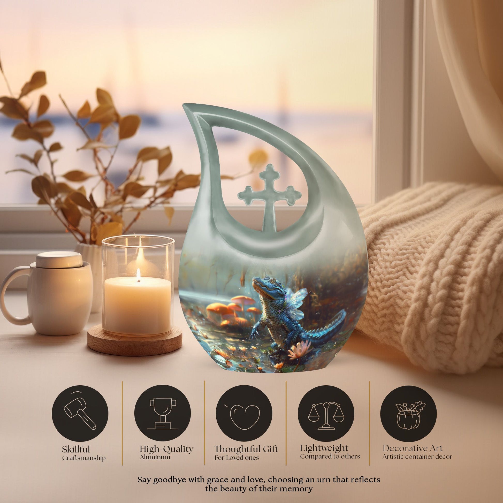 10-inch Alligator-themed Aluminium Cross Drop All Faith Funeral Urn with personalized engraving