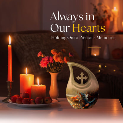 10-inch Alligator-themed Aluminium Cross Drop All Faith Funeral Urn with personalized engraving