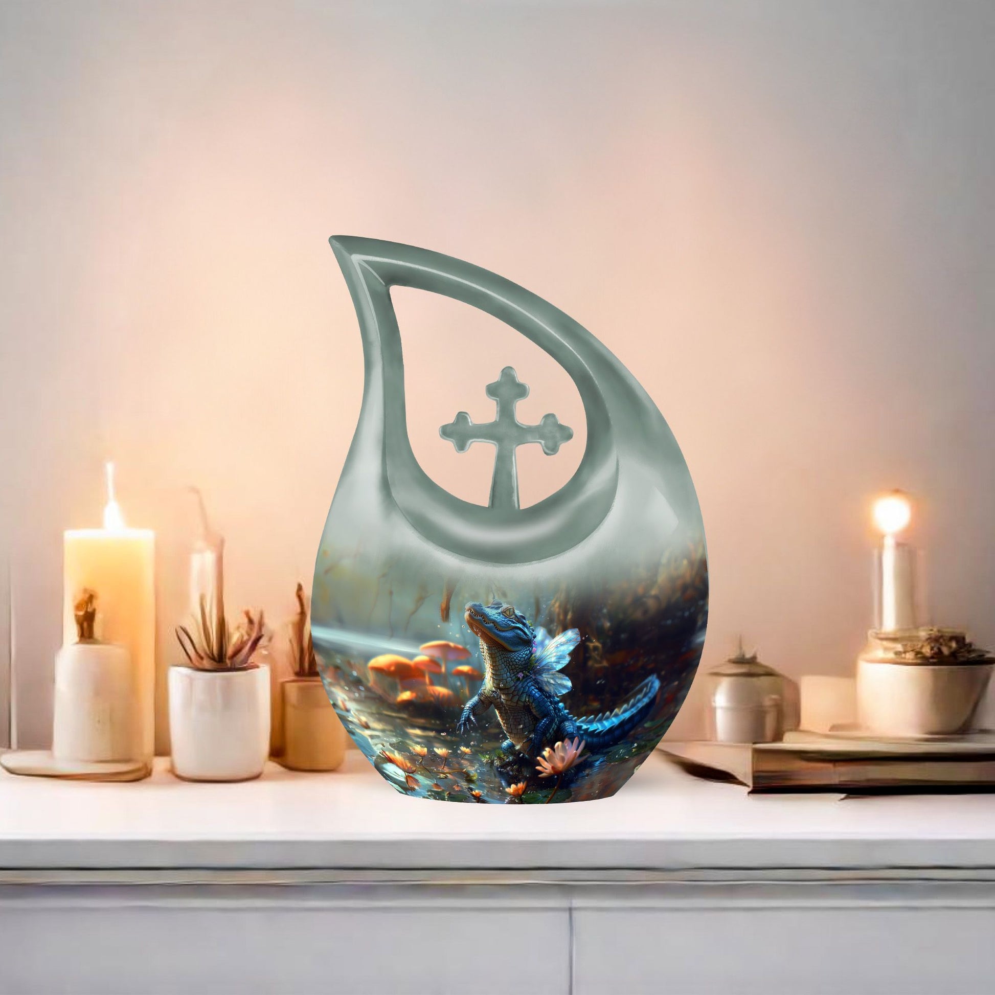 10-inch Alligator-themed Aluminium Cross Drop All Faith Funeral Urn with personalized engraving