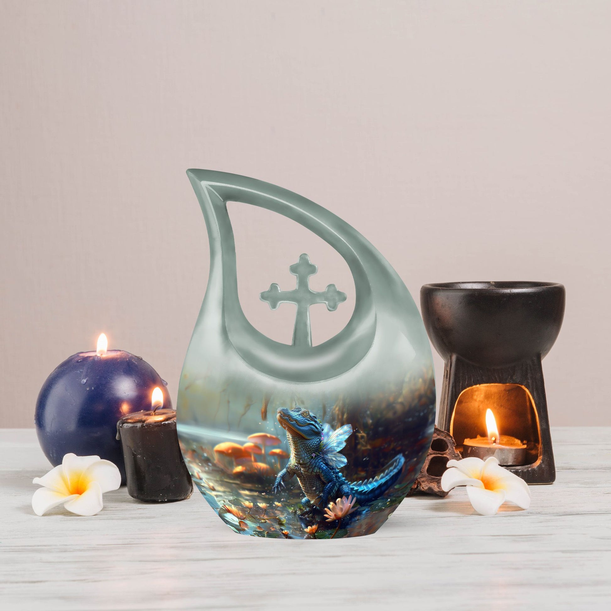 10-inch Alligator-themed Aluminium Cross Drop All Faith Funeral Urn with personalized engraving