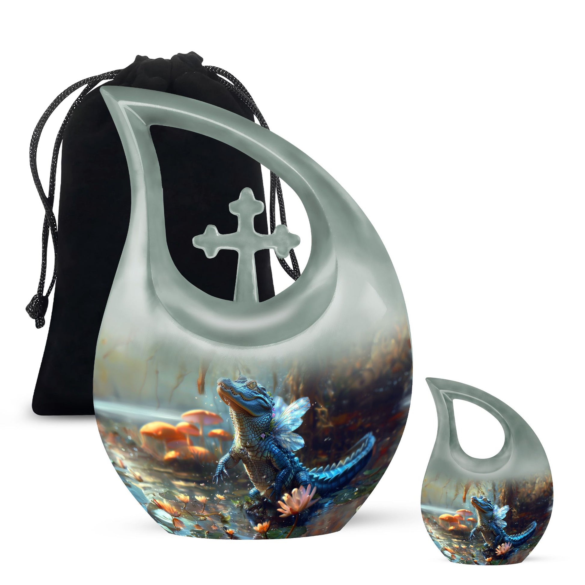 10-inch Alligator-themed Aluminium Cross Drop All Faith Funeral Urn with personalized engraving