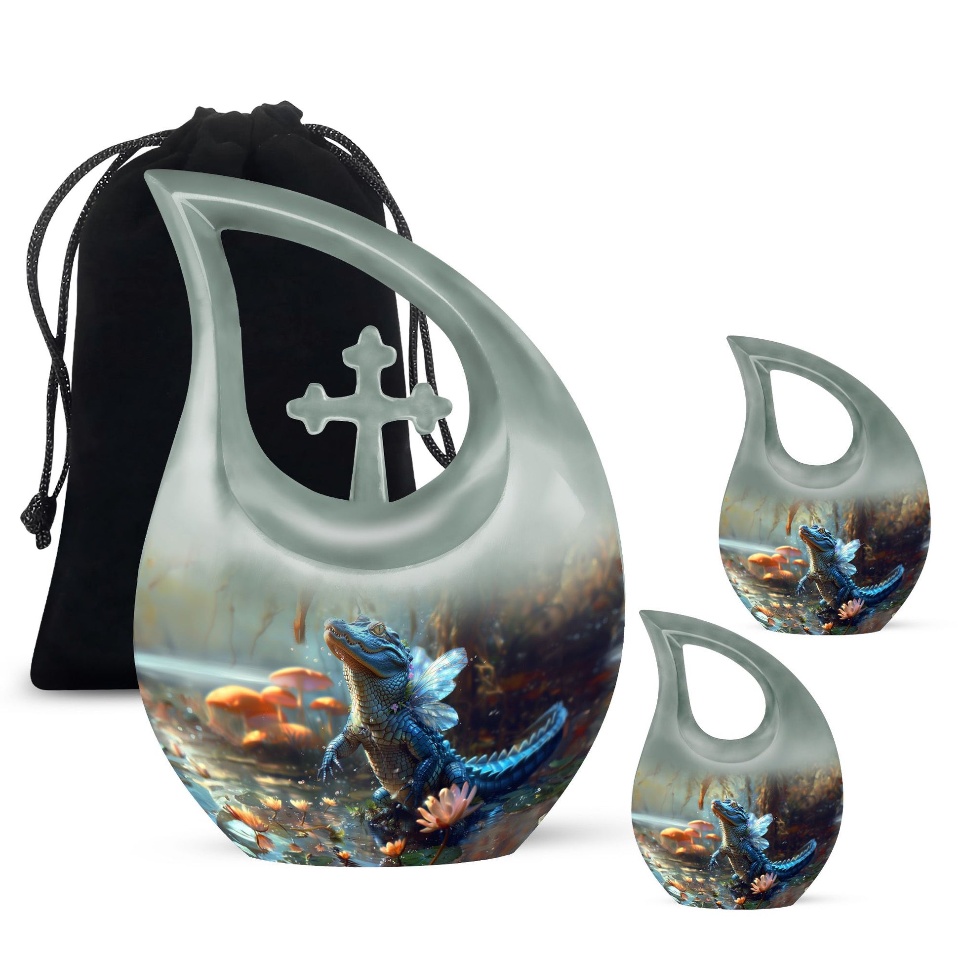 10-inch Alligator-themed Aluminium Cross Drop All Faith Funeral Urn with personalized engraving