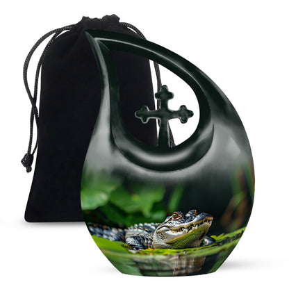 10-inch Alligator themed Cross Drop urn with personalizable engraving