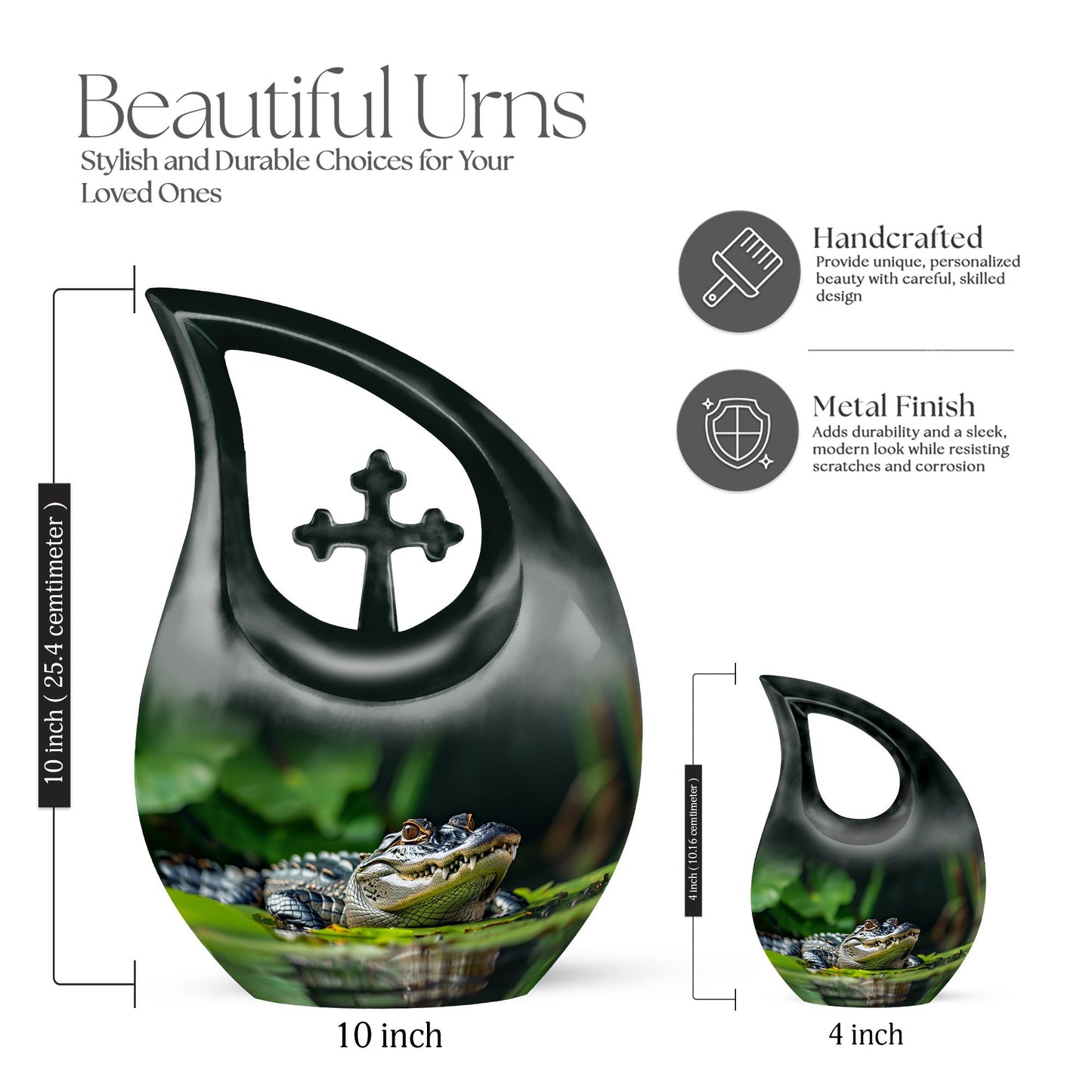 10-inch Alligator themed Cross Drop urn with personalizable engraving