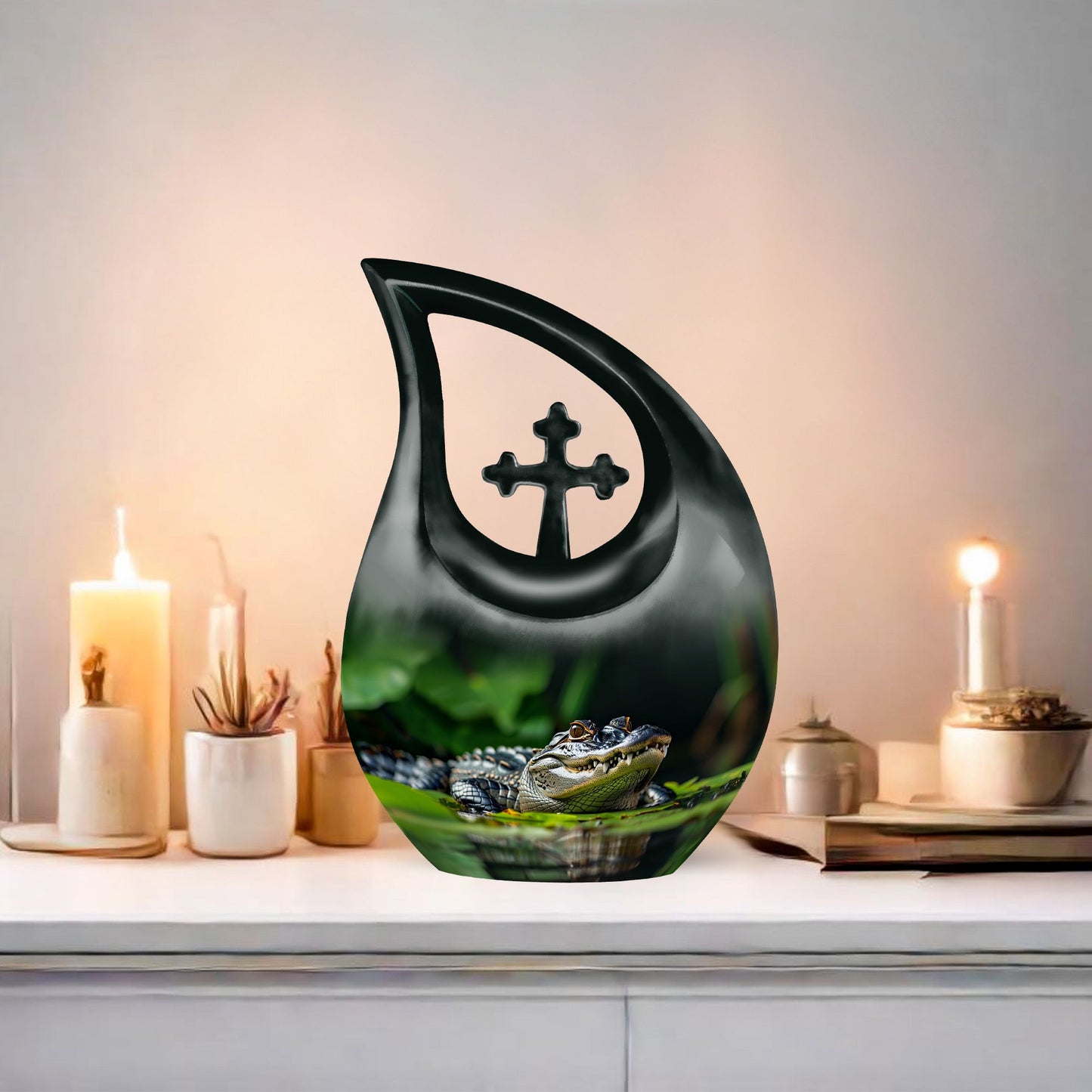 10-inch Alligator themed Cross Drop urn with personalizable engraving
