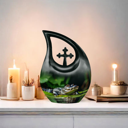 10-inch Alligator themed Cross Drop urn with personalizable engraving