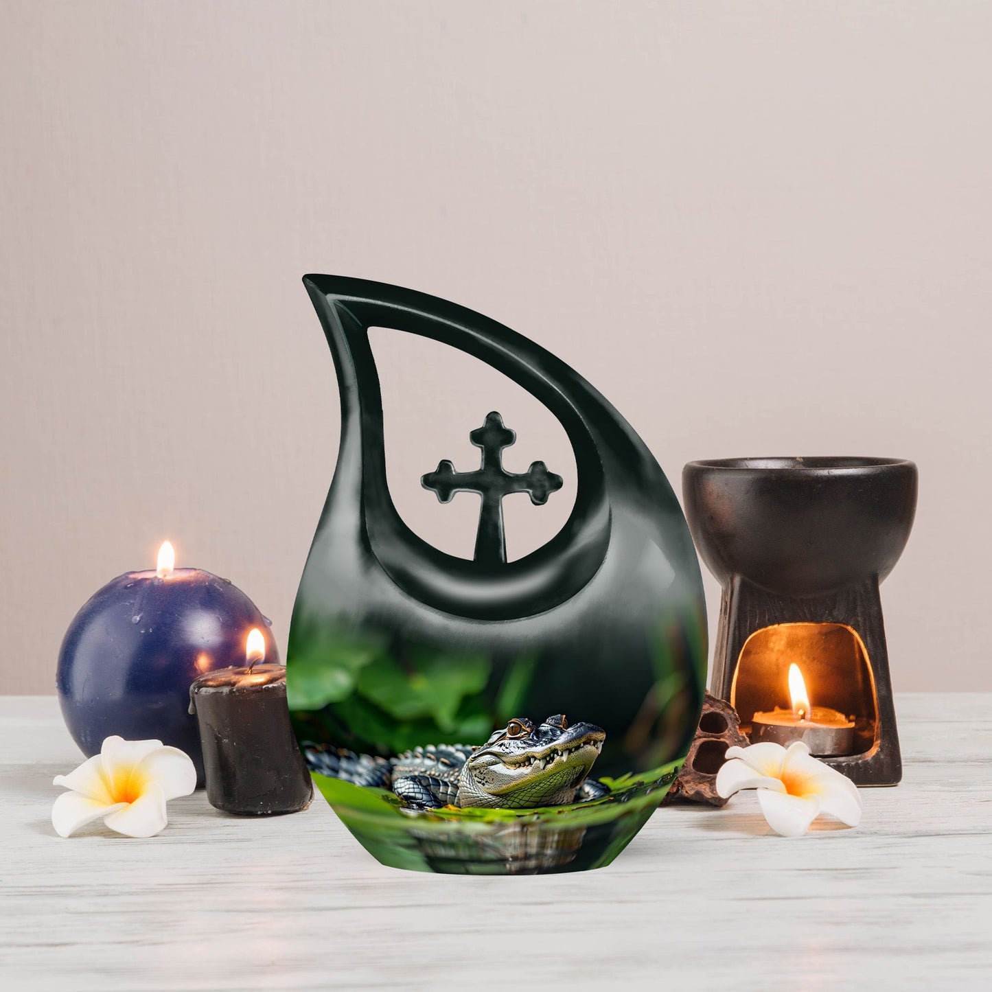 10-inch Alligator themed Cross Drop urn with personalizable engraving
